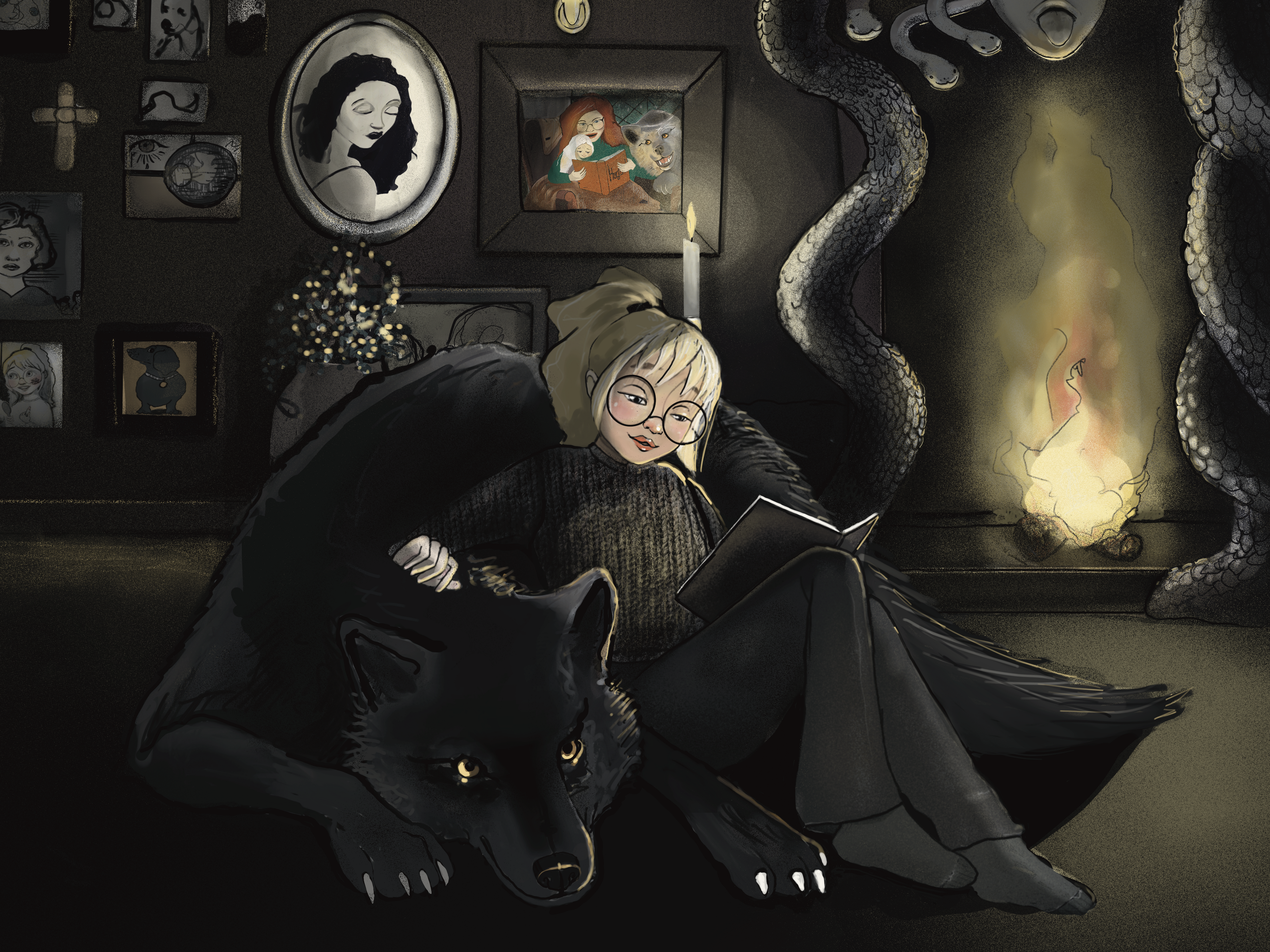 Luna and Wulfric reading together by the fire