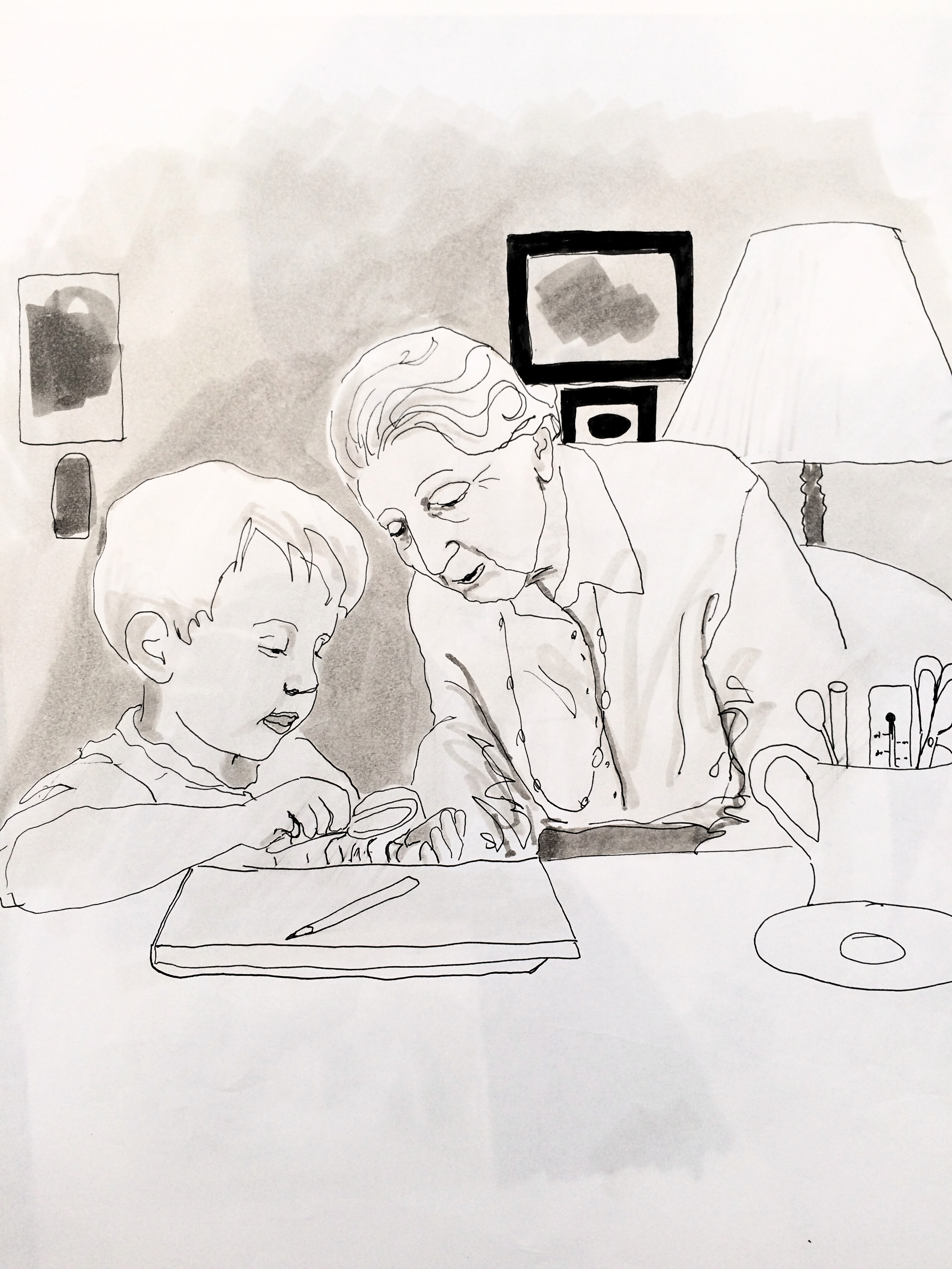 Farmor og Vitus – familieillustration